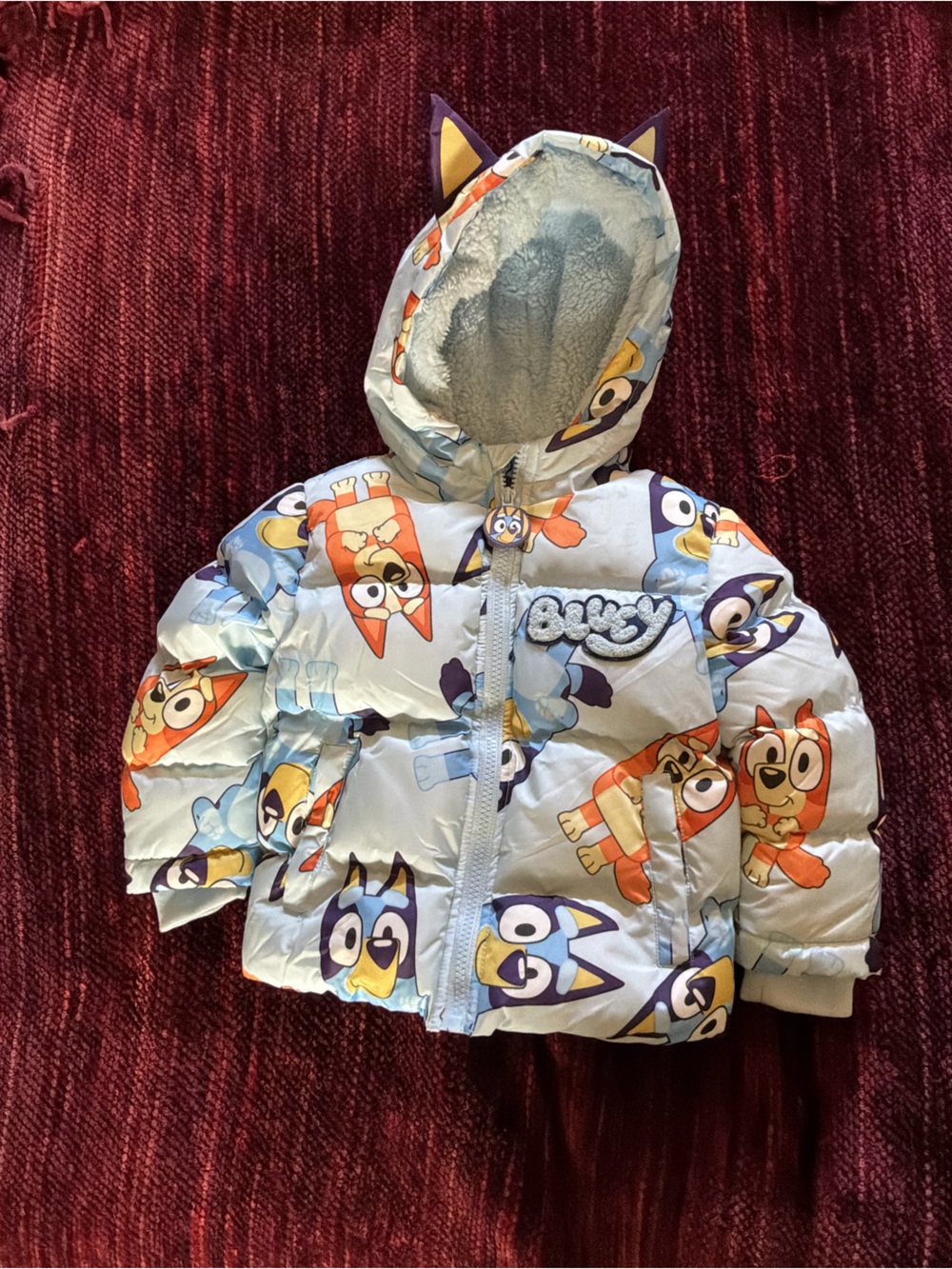 Disney Light Blue Puffy Hooded Jacket with Cartoon Character Print
